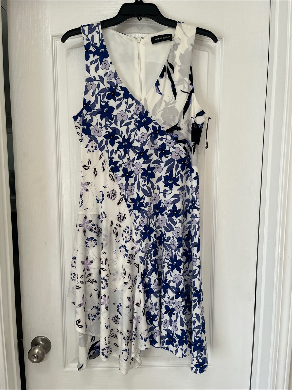 Ivanka Trump White and Blue Floral Asymmetrical Dress, NWOT, M